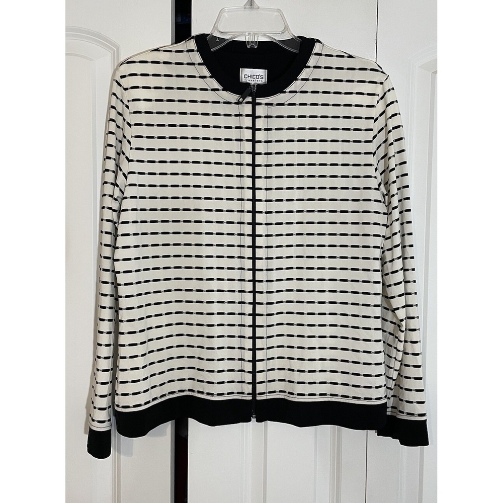 Chicos 1 Travelers Womens Slinky Jacket Sz M Black White Striped Full Zip VNTG